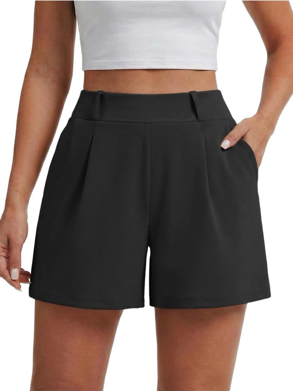 FEIERSI Black Shorts High Waisted Summer Dressy Trendy Pleated Pockets XL